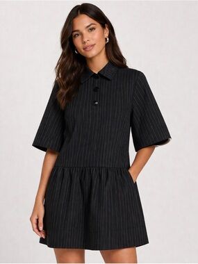 Ganni Pinstripe Mini Dress Black Button Front Short Sleeve Size 36 US 4